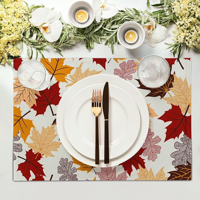 Giwawa Maple Leaf Placemats Set of 4 for Kitchen Dining, Colorful Fall Autumn Thanksgiving Leaves Non-Slip Washable Linen Place Table Mat 12x18 Inches for Tabletop Holiday Party Home Decor