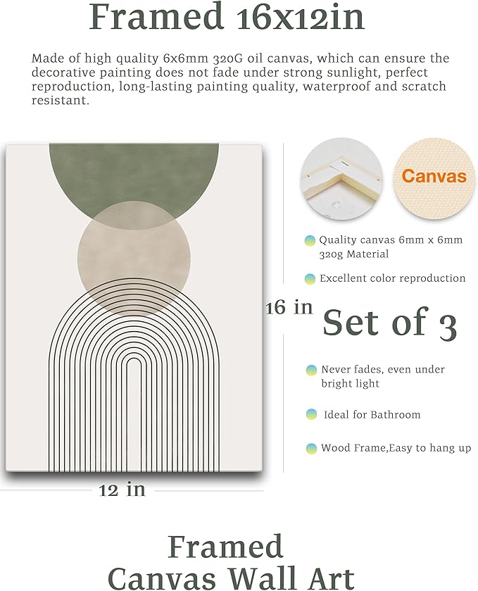 Sage Green Boho Wall Art, 12x16in Framed Canvas Bathroom Wall Art Pictures, Mid-Century Modern Wood Framed Abstract Prints for Bedroom,Minimalist Office Wall Decor 3Pack