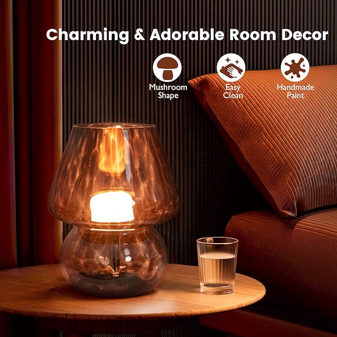 USB Plug-in Vintage Mushroom Lamp Small Bedside Table Lamp with 3 Temperature LED Bulb,Free Dimming Nights Light for Bedroom/Living Room/Entryway/Corner Decor New Home Gift (Golden Amber)