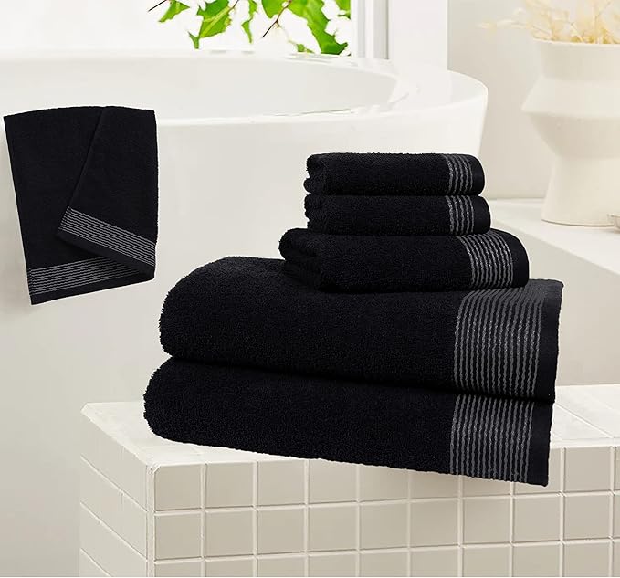 Belizzi Home 100% Cotton Ultra Soft 6 Pack Towel Set, Contains 2 Bath Towels 28x55 inchs, 2 Hand Towels 16x24 inchs & 2 Washcloths 12x12 inchs, Compact Lightweight & Highly Absorbant - Black