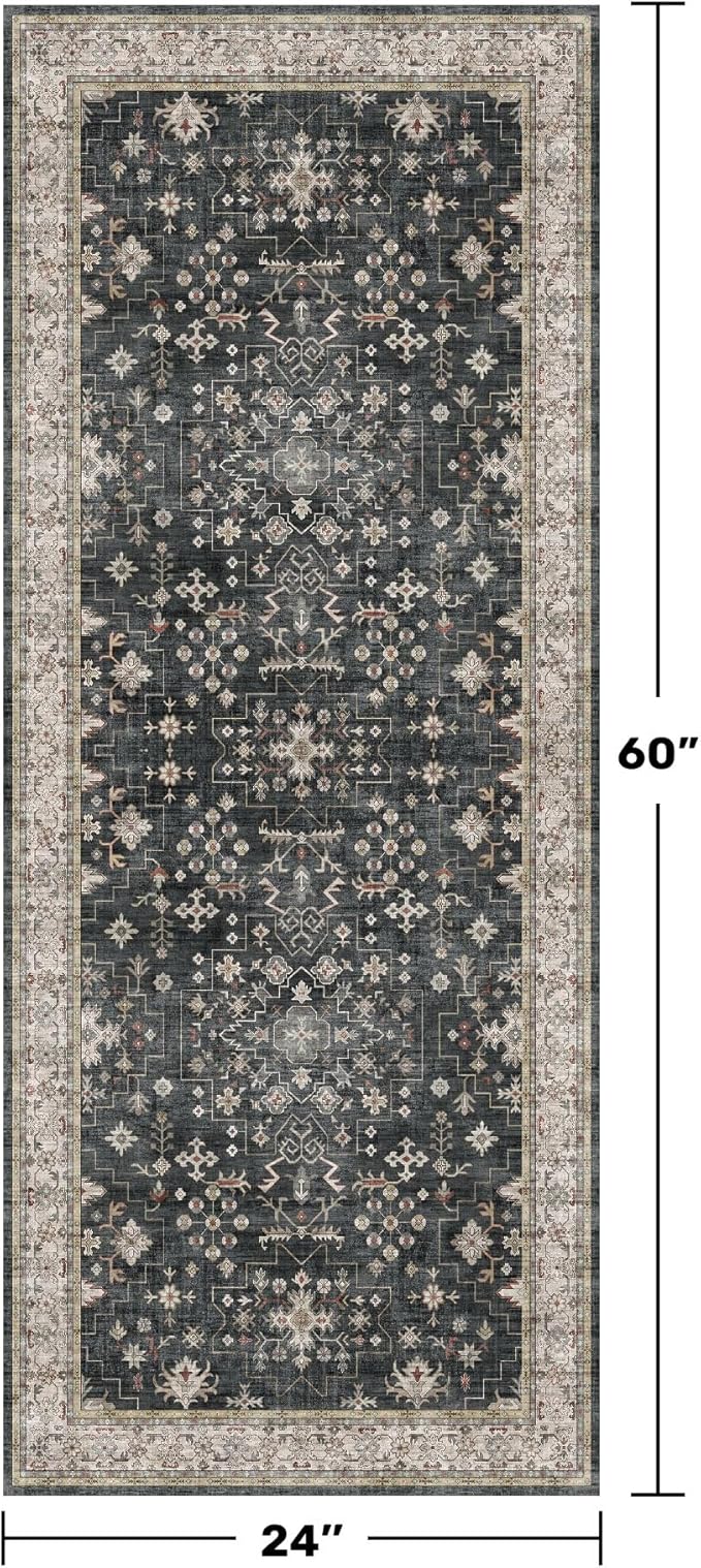 Black Entryway 2x5 Runner Rug, Small Throw Runners for Kitchen Bedroom Bathroom Laundry Room, Vintage Floral Decor & Non-Slip Low-Pile Washable Stain Resistant, Dark Ashen Charcoal