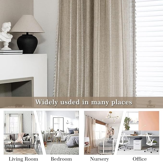 ColorBird Boho Curtains 96 inches Long, Striped Tan Embroidered Light Filtering Curtain for Living Room Bedroom Nursery Office