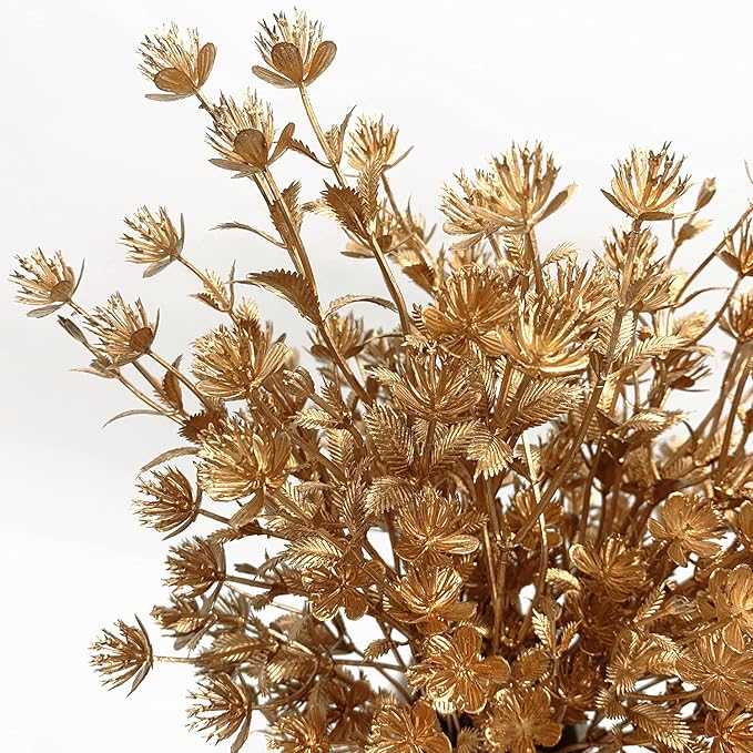 Christmas Artificial Flowers, Golden Baby Breath Gypsophila Plastic Plant Fake Plants for Wedding Bridal Bouquet Party Indoor DIY Home Office Table Centerpieces Arrangements Decoration - Gold 3 Pack