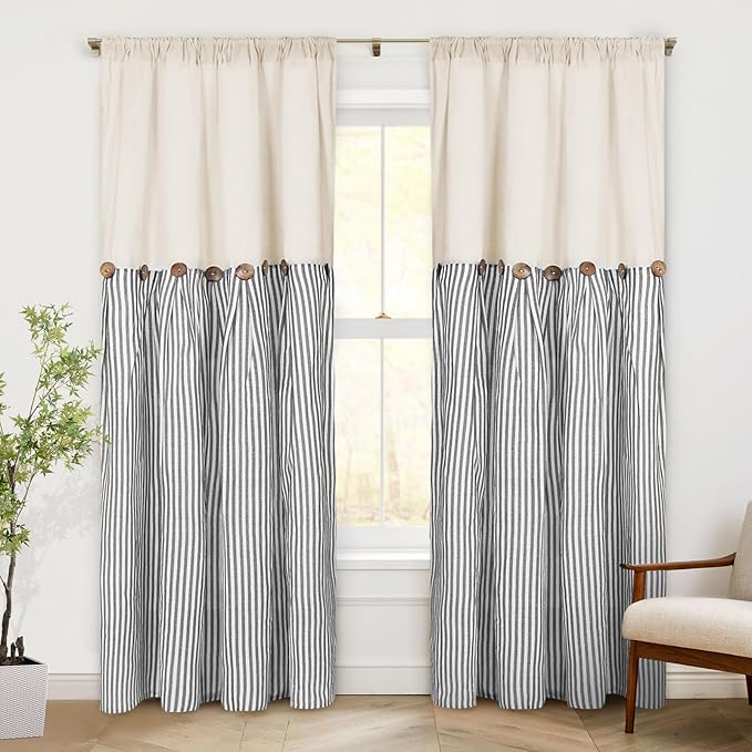 ASPMIZ Cotton Linen Farmhouse Curtains Boho Rustic Button Curtain, Linen Window Curtain Panels, Grey Stripe Country Curtains for Bedroom, Back Tab Modern Drapes for Windows 52 x 84 Inch, 2 Panels