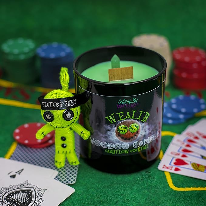Naturally Wicked Voodoo Wealth Candle Set - Inc. Voodoo Doll, Crystal, Wood Wick, Cashflow Cocktail Scent & Gift Box