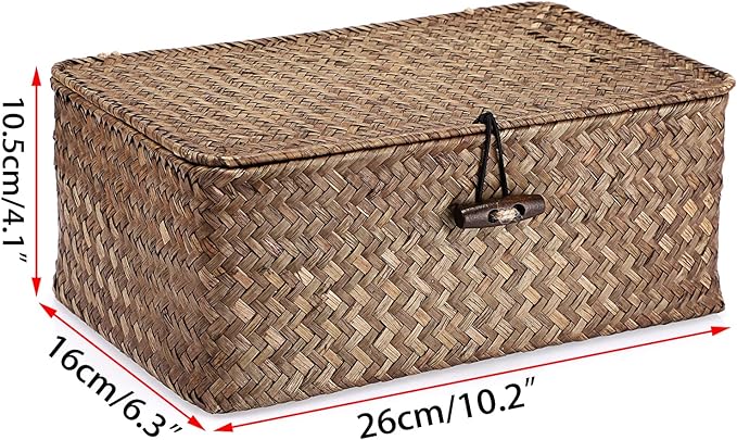 Hipiwe Wicker Shelf Baskets Bin with Lid, Handwoven Seagrass Basket Storage Bins Rectangular Household Basket Boxes for Shelf Wardrobe Home Organizer, Coffee Small