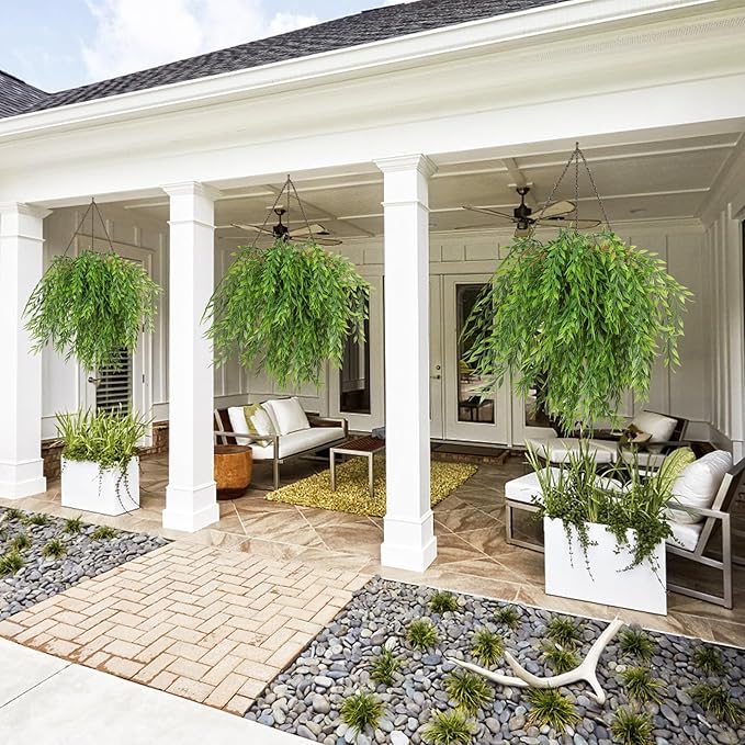 Artificial Weeping Willow 6Pcs, Plastic Plants Greenery Leaves Twig Fake Hanging Vine Faux Ivy Garland UV Resistant for Indoor Outdoor Home Garden Wall Baskets Wedding Party Table Planter Filler Decor