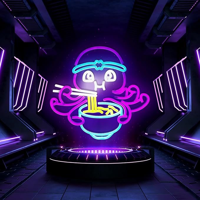 Octopus Eat Ramen Neon Sign for Room Wall Decor Japanese LED Neon Light Restaurant Cafe Decor Man Cave Game Room Wall Art 13.4"×12.6"