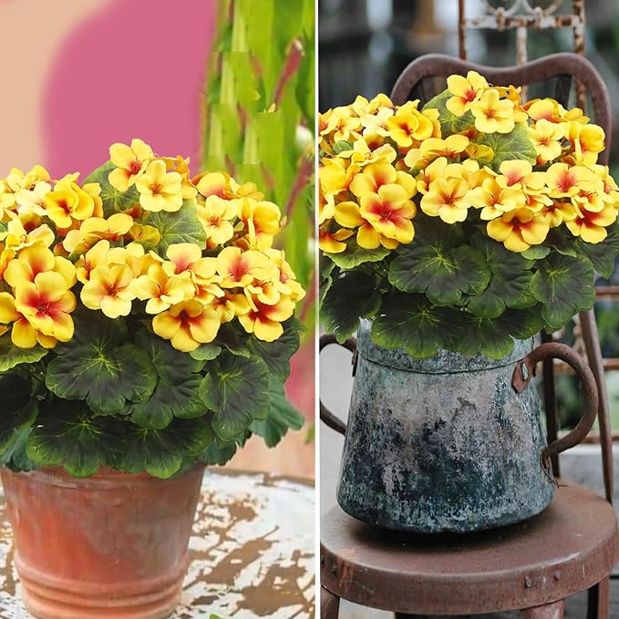 2 Pcs Artificial Geraniums for Outdoor Silk Geranium Flowers Yellow Artificial Geranium Bush Faux Flowers Geraniums Branch for Garden Patio Grave Cemetary Vase Table Centerpiece Indoor Decor