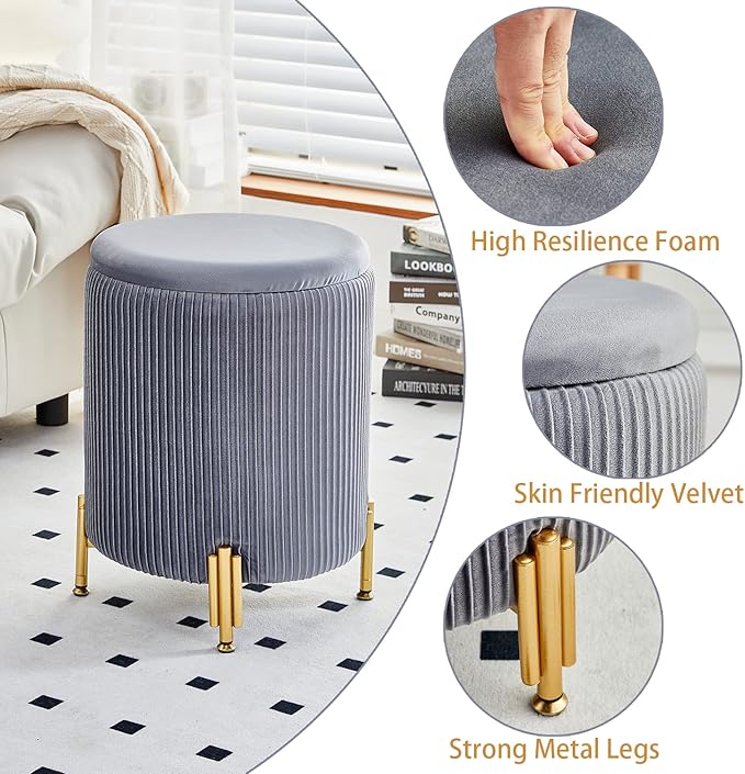 Mxfurhawa Round Ottoman Foot Stool with Storage and Metal Legs for Living Room Bedroom, Velvet Upholstered Footrest Stool Support 300lbs Modern Padded Seat Ottoman Coffee Table (Grey)