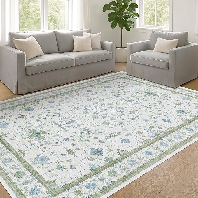 Cream Oushak 6x9 Bedroom Rug - Boho Floral Cool Blue and Green, Washable Low Pile Non-Slip Ultra-Thin Large Area Rugs for Bed Room, Living Room, Playroom