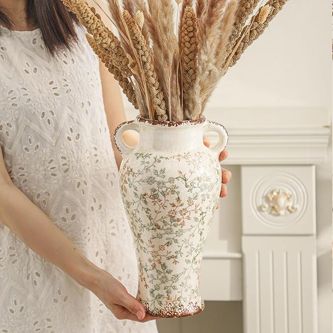 Enra Farmhouse Vintage vase with Handle,12.6 in Ceramic Chinoiserie Floral Vase,Green and Beige Decorative Flower vase,Large Rustic Vases for Home Decors, Living Room, Bookshelf, Office