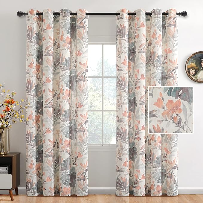 MYSKY HOME Floral Curtains 84 inches Long Printed Grommet Cotton Curtains for Living Room Bedroom Light Filtering Linen Style Curtain Burlap Effect Drape Window Treatments, 2 Panel Coral and Natural