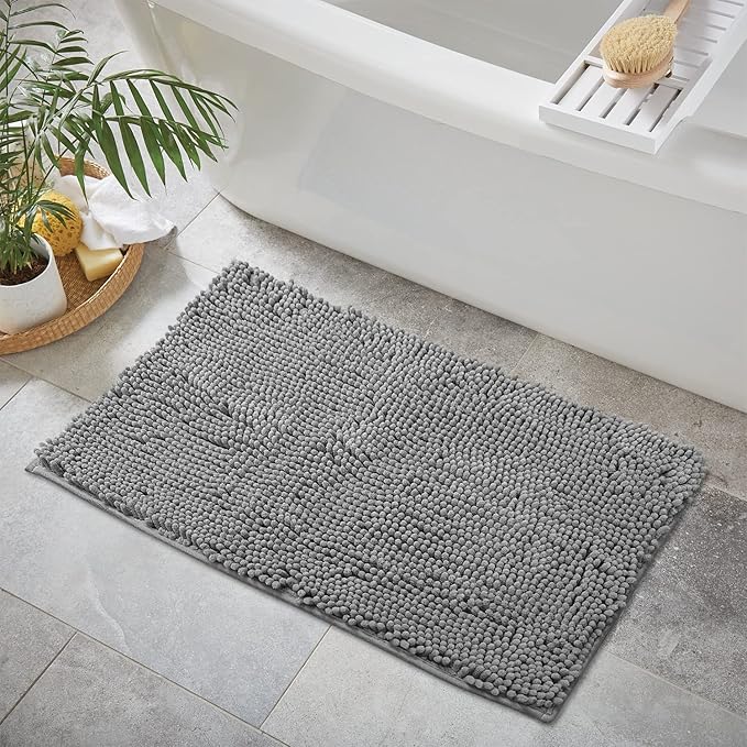 2 Pc Set – Plush Chenille Bathroom Rug Mat Set, Extra-Soft Bath Mat for Shower & Bathroom, Highly Absorbent Microfiber, Non-Slip Backing for Safety & Comfort.(20 x 30, Light Grey)