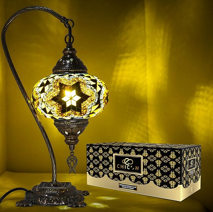 CHICON Handmade Mosaic Turkish Lamp | Genuine Glass Mosaic | A Piece of Art in Unique Lamps | Antique Vintage Lamp | Tiffany Boho Lamp | Moroccan Bohemian Small Table Lamp - SWAN Flower Yellow