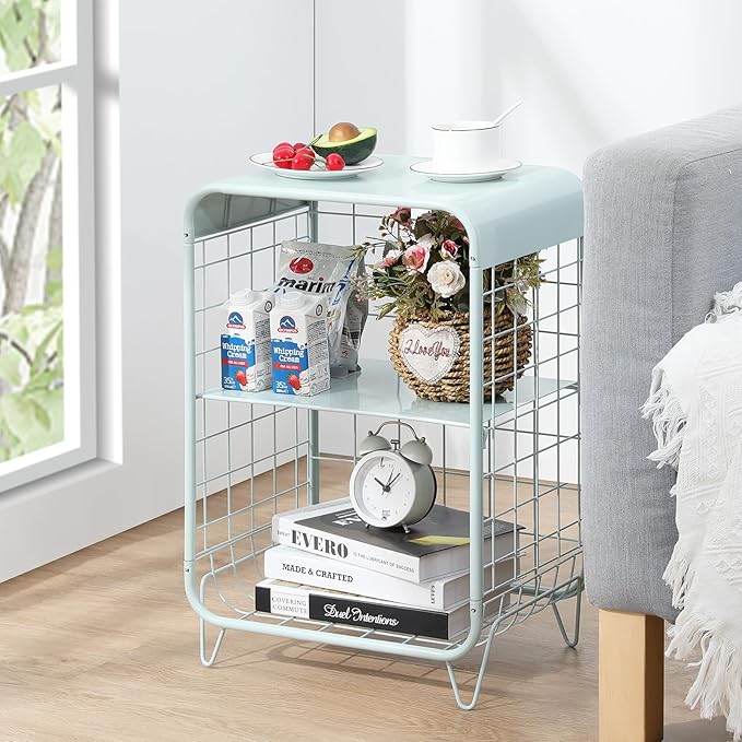 APEXCHASER Cute Nightstand,Metal Side Table,3 Tier End Table with Storage,Vintage Bedside Table,Girls Bedroom Furniture,Coffee Table for Living Room,Bedroom,Dorm,Mint Green