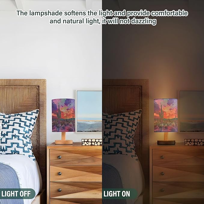 Table Lamp Pretty Cactus Desert Sunset Nightstand Lamp with Wood Base Fabric Lamp Shade Bedside Desk Lamp for Living Room Bedroom Kids Room Office