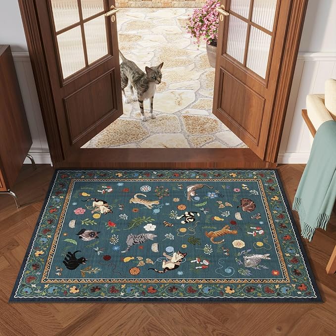 Door Mat Indoor Entrance 2x3 Rug Machine Washable Boho Floral Animal Cat Small Area Rug Non-Slip Low Pile Throw Rugs for Entryway Kitchen Front Door Indoor Entry Kids Room, Pearl Gentian Blue