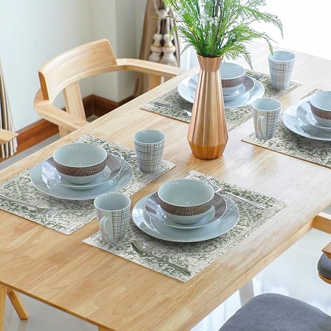 Gray Sage Green Boho Placemats Set of 4 Ethnic Bohemian Carpet Place Mats Washable Kitchen Dining Vintage Grey Geography Floral Linen Table Mats Stain Heat-Resistant for Home Party Indoor 12x18 in
