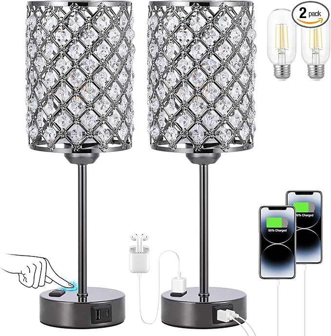 Hong-in Black Table Lamps Set of 2-3-Way Dimmable Nightstand Desk Lamp with USB C and A Ports and AC Outlet,Modern Bedside Table Light for Bedroom(Bulbs Included)
