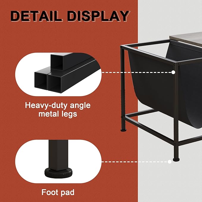 SENIG Grey Oak Rectangle Wood and Metal Coffee Table with Storage Shelf for Small Living Rooms with Pocket