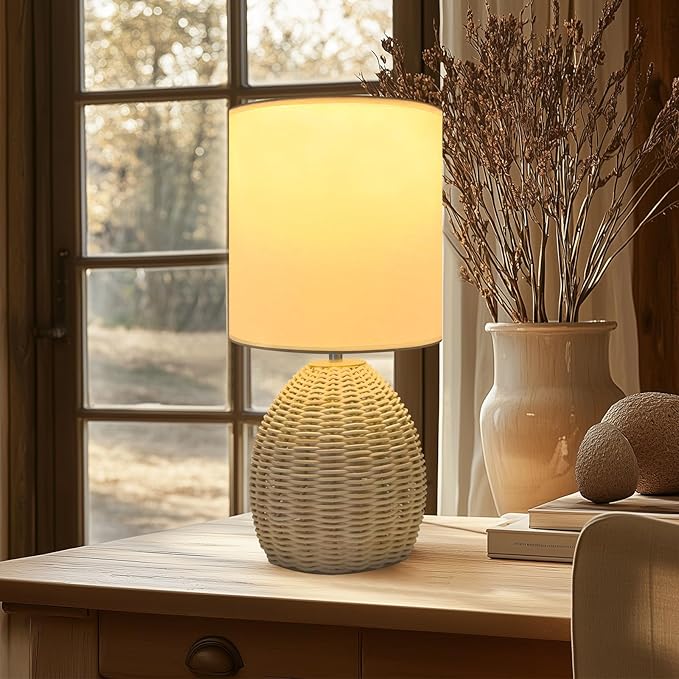 Boho Rattan Table Lamp Bedside - 3 Color Temperature Handmade Bamboo Woven Lamp for Nightstand Living Room (Original Color, 1 Pack)