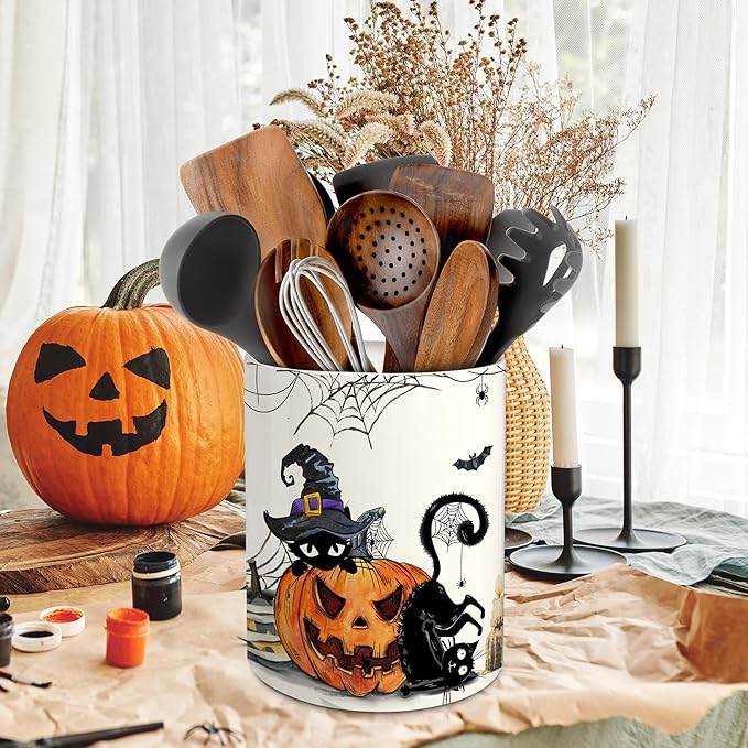 pinata Halloween Kitchen Decor Ceramic Utensil Holder, Cute Halloween Cat Pumpkin Utensils Holder, Ceramic Utensils Crock for Rustic Farmhouse Indoor Kitchen Decorations(6.3 Inches)