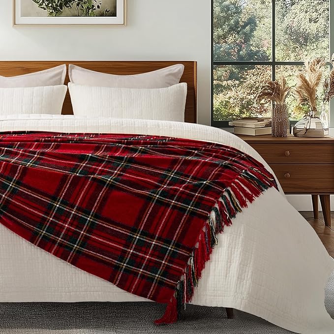 EVERGRACE Stewart Red Christmas Plaid Chenille Throw Blanket for Couch, Super Soft Cozy Tartan Checkered Throw Blanket with Tassels, Lightweight Plush Chenille Knit Throw for Christmas Decor, 50"x60"