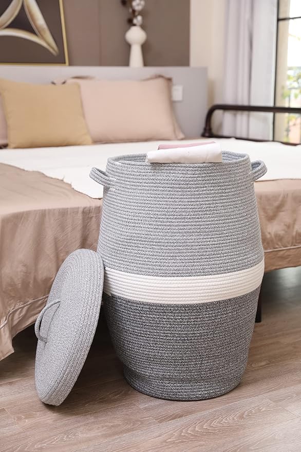 26" x 20" Tall Extra Large Storage Basket with Lid, Cotton Rope Storage Baskets, Woven Laundry Hamper with Cover, Cloth Storage Bin, for Clothes Towels in Living Room, Dual Grey
