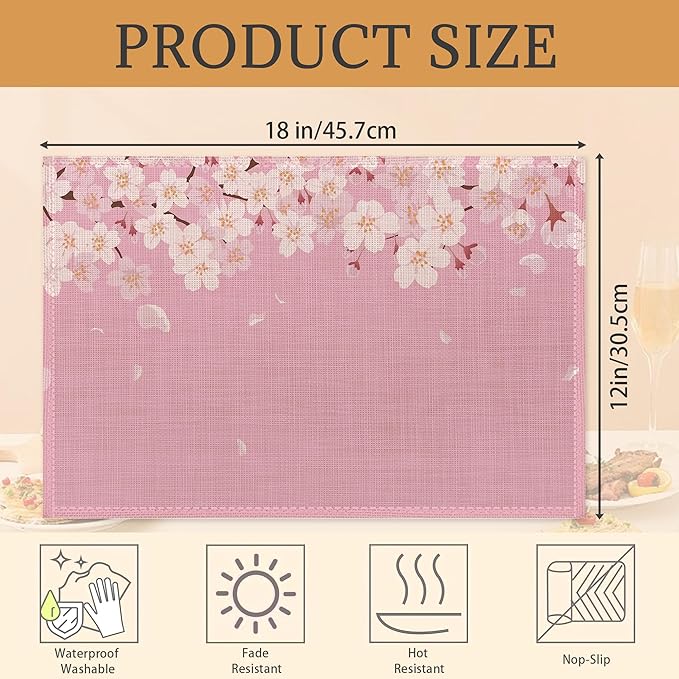 Japanese Cherry Blossom Placemats Set of 6 Washable Table Mats for Kitchen Dining Table,Heat-Resistant Pink Flowers Place Mats for Indoor Outdoor Party Holiday Decoration