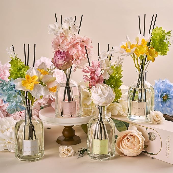 COCORRÍNA Reed Diffuser - Clean Linen 8.5 Fl.oz/ 250ml Flower Diffuser with 8 Sticks, Reed Diffusers for Home Bathroom Shelf Decor (Botanical Flower Collection)