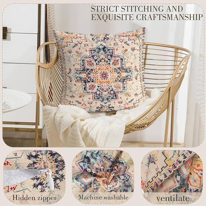 Boho Throw Pillow Covers 16x16 inch Set of 2,Boho Vintage Carpet Pattern Antique Ethnic Decor Double Sided Pattern Cushion Cover Soft Pillow Case Living Sofa Room Bed Square Pillow Cover