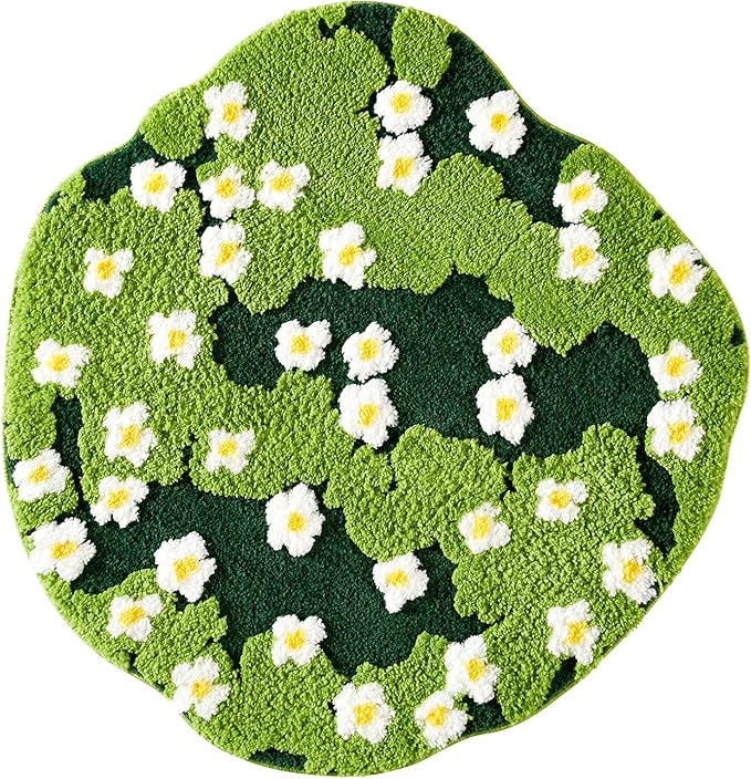 Cute Green Floral Large Bathroom Rugs Bath Mat 3ft Non Slip Washable, Modern Chic Boho Aesthetic Trendy Funky Microfiber Shaggy Tufted Moss Rugs for Bedroom Dorm Nursery Bathroom Kitchen