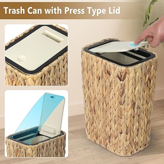 Boho Trash Can with Lid for Bathroom,2.6 Gallon Small Rattan Garbage Can with Press Top Lid,Woven Wastebasket and Hamper 2 in 1 Wicker Trash Basket for Bathroom,Kitchen,Living Room,Bedroom