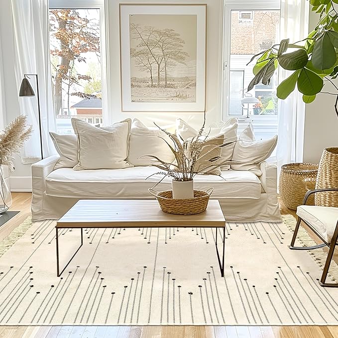 Tritard Boho Area Rug 4x6 - Woven Entryway Rugs with Tassels Farmhouse Aztec Bedroom Lightweight Throw Rugs Washable Cotton Low Pile Thin Carpet for Kitchen, Bathroom, Playroom, Office, Beige Cream