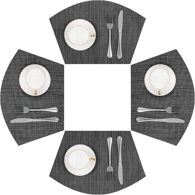 SHACOS Small Round Table Placemats Wedge Placemat Set of 4 Non Slip Heat Resistant Woven Vinyl Table Mats Wipe Clean Indoor Outdoor (4, Black Gray)