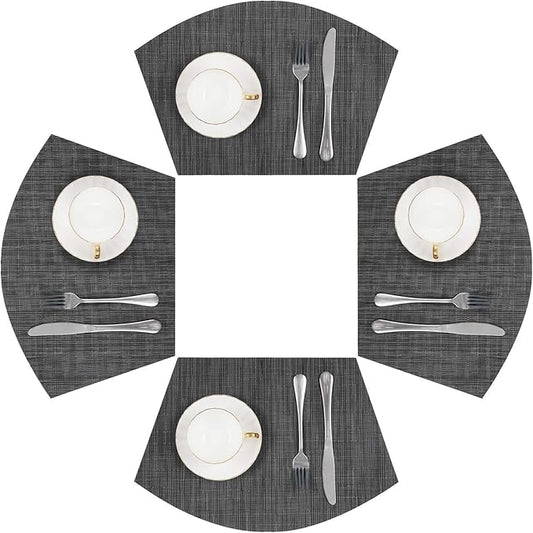 SHACOS Small Round Table Placemats Wedge Placemat Set of 4 Non Slip Heat Resistant Woven Vinyl Table Mats Wipe Clean Indoor Outdoor (4, Black Gray)