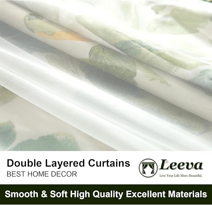 Leeva 96 Inch Curtains with White Sheer Tulle Overlay, Green Bird Printing Light Filtering Curtains 2 Panels Set, Grommet Drapes for Nursery Living Room, 52 x 96 Inches