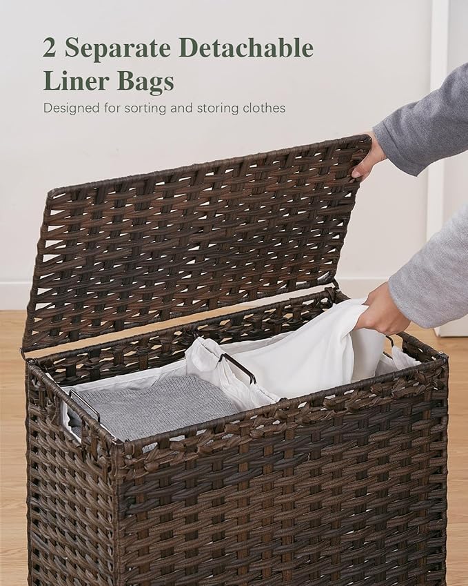 Laundry Hamper with Lid, 112 L Handwoven Rattan Wicker Laundry Basket, 2 Removable Liner Bags Metal Heightened Feet, 6 Mesh Bags, 2 Section Large Clothes Hamper for Bathroom Bedroom, Brown