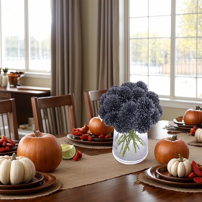 Kimura's Cabin 20Pcs Black Fake Silk Flowers Artificial Chrysanthemum Ball Flower Faux Mums Flowers for Home Dining Table Core Halloween Party DIY Decoration Bouquets (Grey Black)