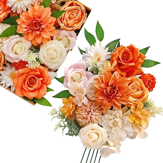 MISSPIN Artificial Flowers DIY Box Set Fake Roses Bouquet Bridal Wedding Flowers Colorful Centerpiece Table Decorations Boho Faux Floral with Stems Arrangements for Cake Home Party Indoor Outdoor
