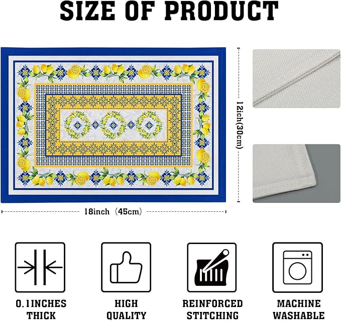 Lemon Summer Table Placemats for Dining 12 x 18 Inch Set of 4,Blue Yellow Boho Heat-Resistant Washable Table Non-Slip Rectangle Place Mat for Seasonal Party Kitchen Dining Table Decor