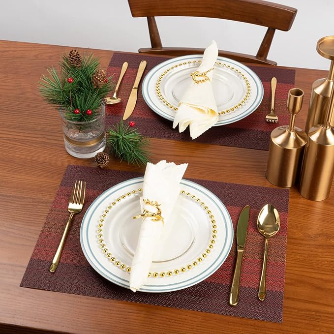 Winknowl Placemats, Set of 8 Heat Resistant Stain Resistant Woven Vinyl Insulation Placemats, Durable Washable Elegant Table Mats for Dining (Red)