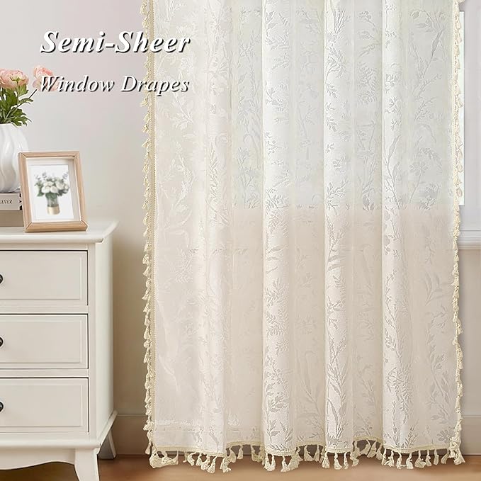 JOOJA Boho Lace Curtains 84 Inch Length 2 Panels Beige Sheer Floral Leaf with Tassels, Semi Blackout Privacy Curtains for Bedroom & Living Room Beige 52"x84"