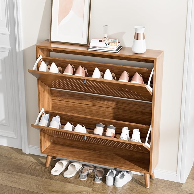 Shoe Storage Cabinet for Entryway with 2 Flip Drawers, Narrow Wood Shoe Cabinet with Fluted Panel, Freestanding Hidden Shoe Organizer for Foyer, Hallway (Walnut - No Shelf)