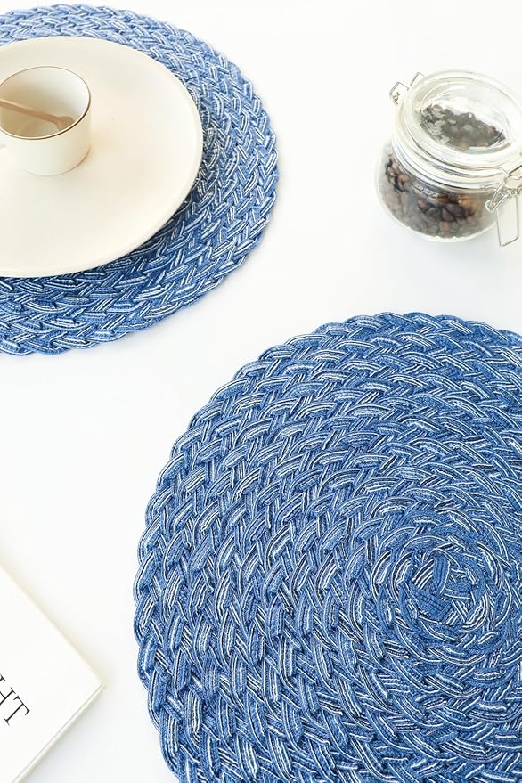Floroom 15 Inch Round Braided Placemats Set of 6, Washable Heat Resistant Cotton Polyester Circle Boho Place Mats for Kitchen Dining Table - Seascape Blue