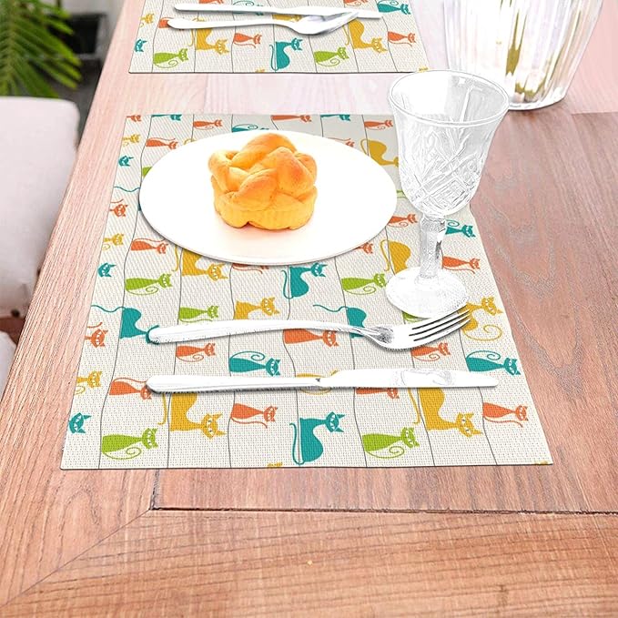 Mid Century Modern Cats Placemats Set of 4, Linen 12"x18" Cute Place Table Mat Washable Heat Resistant for Kitchen Dining Holiday Party Home Decor