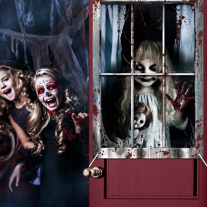 2 Pcs Halloween Boy and Girl Scary Curtain Halloween Window Silhouette Decoration Blood Ghost Window Cover Horror Theme Window Poster for Indoor Outdoor Party Wall Garage Door Decor