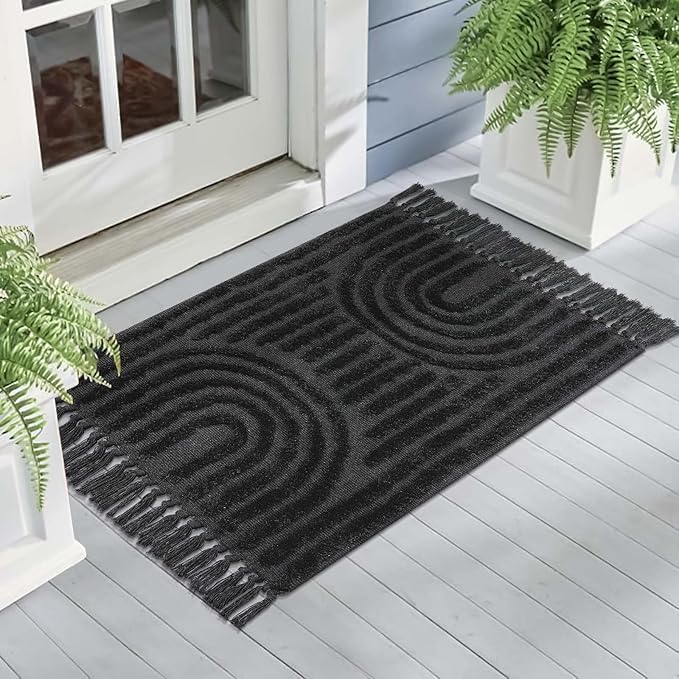 LEEVNA Washable Bathroom Rugs 2'x3', Hand-Woven Kitchen Rug with Tessal, Dark Grey Bedroom Throw Rugs, Boho Tufted Rainbow Rugs, Farmhouse Indoor Door Mat for Entryway/Porch/Back Door