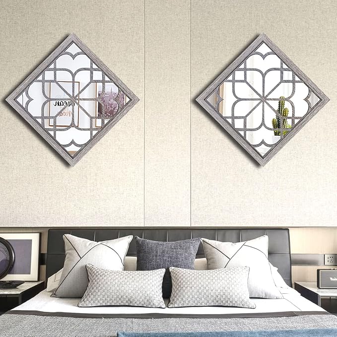 Wocred 2 PCS Square Wall Mirror,Gorgeous Rustic Farmhouse Accent Mirror,Barn Wood Color Entry Mirror for Bathroom Renovation,Bedrooms,Living Rooms and More(16”x16”)